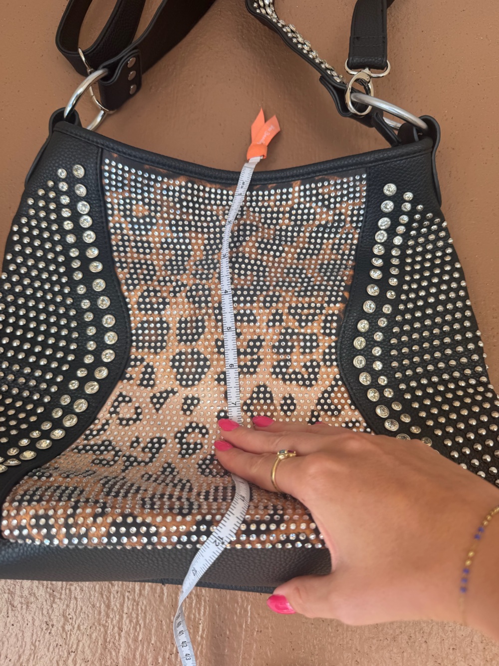 Studded Leopard Print Black Leather Bag - Picture 3 of 5